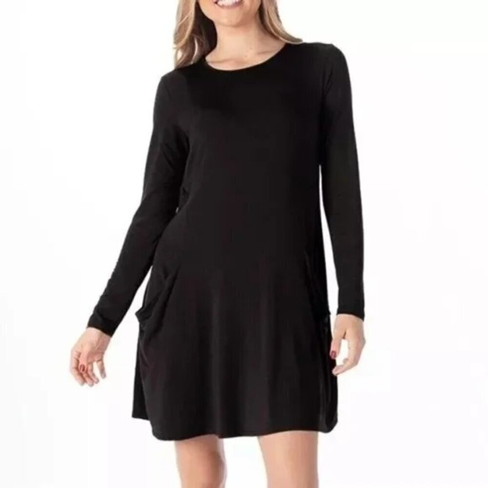 Betabrand Dress S Black Sweatshirt Travel Long Sleeves Dress Pockets